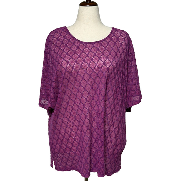 Catherines Tops - Catherines Top Womens 2X- 22-24 Purple Crochet Lace Overlay Semi Sheer Career
